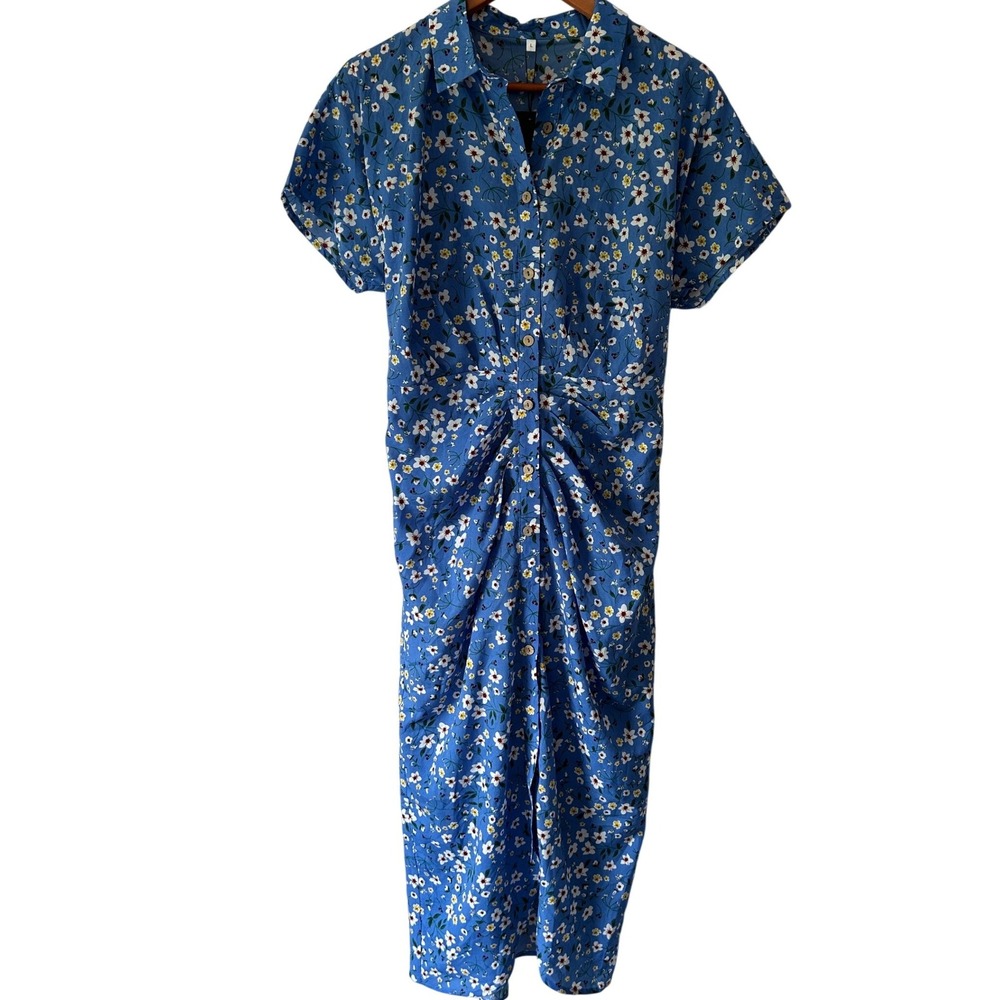 Kohl's Blue Dress White Floral Print‎ Short-Sleeve Button Up + Tie Women's L NWT